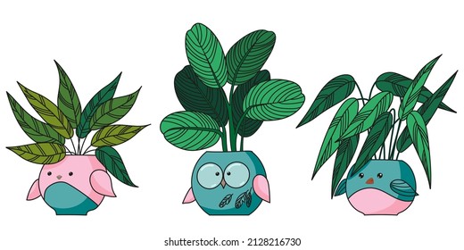 Conjunto vectorial de plantas de la casa en macetas de flores en forma de pájaros en un fondo aislado. Ilustración de postales, carteles, decoración y papel. 