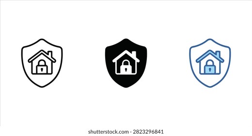 Vector set of house protection icons featuring a home inside a shield with a padlock design in stroke, solid, and blue colored vector styles.