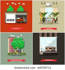 Vector set of house square posters. Garage, Canteen, Children bicycle and Bedroom flat style design elements.