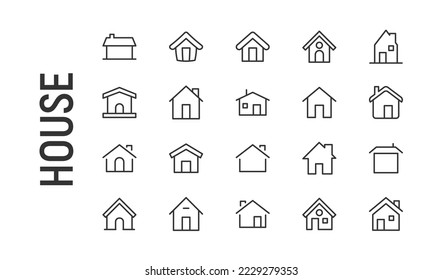 Vector set of house thin line icons. Design of 20 stroke pictograms. Signs of house isolated on a white background.