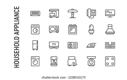 Vector set of household appliance thin line icons. Design of 20 stroke pictograms. Signs of household appliance isolated on a white background.