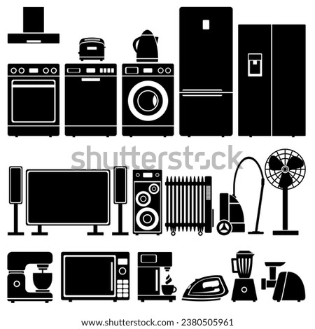 Vector set of household appliances bw icons