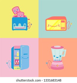 Vector Set of Household appliances. Kawaii Style Kitchen electrical equipment. Cute cartoons with smiling faces