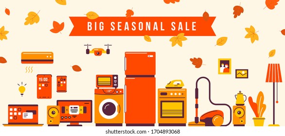 Vector set of household appliances on background fall leaf. Autumn seasonal sale of home domestic electronic appliances. Flat style design for web, banner, advertising, e-mail newsletter