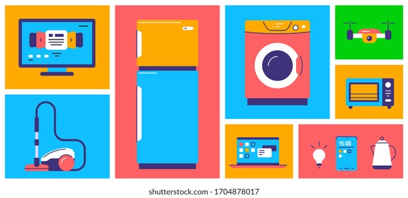 Conjunto vectorial de electrodomésticos con lavadora, frigorífico, aspiradora. Venta de electrodomésticos en color de fondo. Diseño plano para web, banner, publicidad, correo electrónico