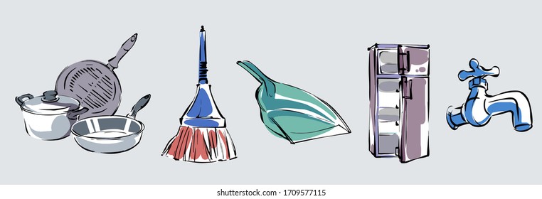 Vector set household items cleaning and kitchen on a grey background