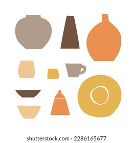 Vector set of household items. Cup, plate, jug, bowl, gravy boat. Beige, brown on a white background. Minimalism, flat, hand drawing, vintage. Cafe, restaurant, kitchen, house. Menu design, sign.Eps10