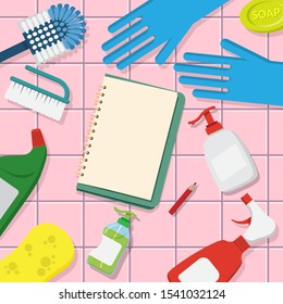 vector set of household supplies cleaning product , tools of house cleaning on pink tile background with blank page open book for copy space
