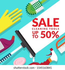 vector set of household supplies cleaning product , equipment tools of house cleaning isolated on blue background with text for advertisement of cleaning tools sales