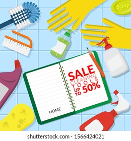 vector set of household supplies cleaning product , equipment tools of house cleaning on blue bathroom tiles with advertisement of cleaning tools sales text on notebook