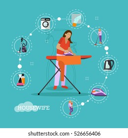 Vector set of housekeeping infographic items, icons. Woman ironing, mother with son, household appliances. Housewife concept design element in flat style.