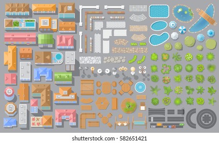 Vector set. Houses, architectural elements, furniture, plants. Top view.
Collection for landscape design, plan, maps. View from above.