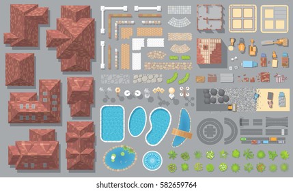 Vector set. Houses, architectural elements, construction. Top view.
The roofs, fences, paths, lights, swimming pools, ponds, building and construction machinery. View from above.