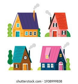 Vector set of houses in cute flat style. Different bright colors and shapes cabins isolated on a white background.
