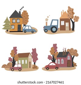 Vector set of houses in cute flat style. Different bright colors and shapes cabins isolated on a white background.