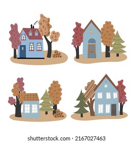 Conjunto vectorial de casas en un lindo estilo plano. Los diferentes colores vivos y las formas de los camarotes están aislados en un fondo blanco.