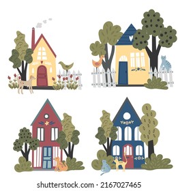Conjunto vectorial de casas en un lindo estilo plano. Los diferentes colores vivos y las formas de los camarotes están aislados en un fondo blanco.