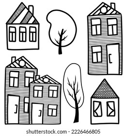 Vector set of houses in the doodle style black and white coloring of houses and trees