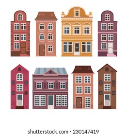 Vector set of houses in the Dutch style. Different color and shape old houses. Facades of houses in the traditional Dutch style.