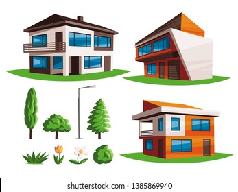 Vector set of houses and elements for landscape design. Illustration of houses, trees, plants and flowers.