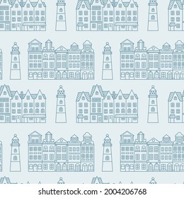 Vector set of houses and lighthouses drawn in the doodle style. Seamless illustration with architectural structures in a linear style. A street with houses for printing on fabric and paper, packaging.