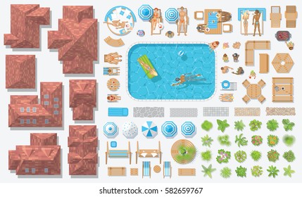 Vector set. Houses, people, outdoor furniture. Top view.
People in different poses, furniture, swimming pool, paths, plants. View from above.