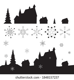 Vector set of houses and snowflakes.