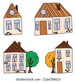 vector set of houses in the style of doodle. brick houses and trees.