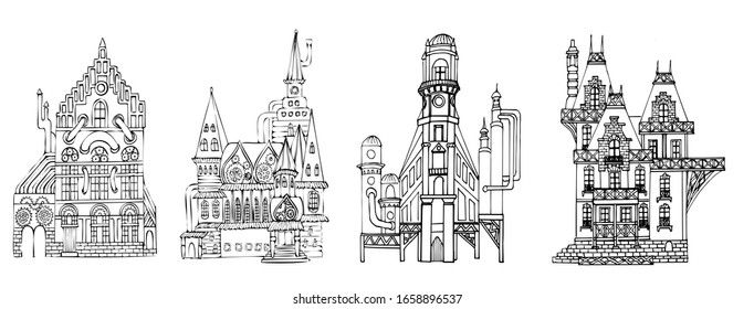 Vector set of houses in the style of steampunk. Black and white sketch. Hand-drawn. Isolated on a white background. Coloring book for children and adults. Fantasy buildings.