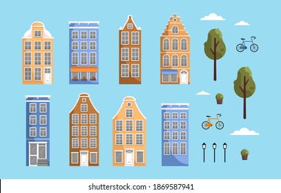 Vector set of houses with trees, bushes, lanterns, clouds, bicycles.  House facades in traditional Dutch style. Ancient houses of different shapes and colors