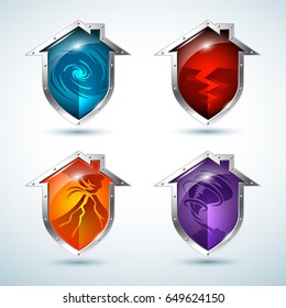 Vector Set of house-shaped shield icons that illustrate natural disasters 