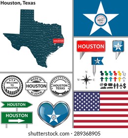 Vector set of Houston, Texas in USA with flag and icons on white background