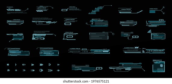 Vector set HUD callouts and pointers. Callout headers, Sci-Fi style frames. Information panels for calls, modern information. Holographic elements HUD, GUI, UI.  Modern digital panels for the interfac