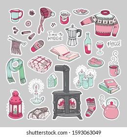 Vector set of hugge stickers. Hand-drawn set of hygge doodles. Vector illustration.