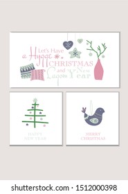 Vector set of hugge style christmas cards. Scandinavian, nordic concept. Banner for social network and two square cards with symbols and text isolated on white.