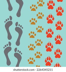  Vector set of human and animal, bird footprints icon. Collection of bare human foots, cat, dog, bird, chicken, hen, crow, duck footprint. Design for frames, invitation and greeting cards