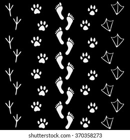 Vector set of human and animal, bird footprints icon. Collection of bare human foots, cat, dog, bird, chicken, hem, crow, duck footprint. Design for frames, textile, fabric, invitation greeting cards