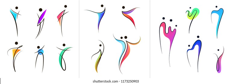 Vector set human body logos, people shapes, linear colorful stylized figures. Use for fitness, wellness, sport competitions, other activities identity. Healthy lifestyle, dancing icons, etc.