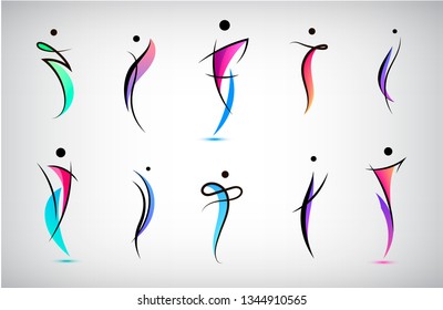 Vector set human body logos, people shapes, linear colorful stylized figures. Use for fitness, wellness, sport competitions, other activities identity. Healthy lifestyle, dancing icons, etc.