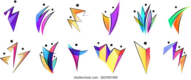 Vector set human body logos, people shapes, geometric colorful stylezid figures, family, social group. Abstract human symbols set. Success, celebration, achievement - activity