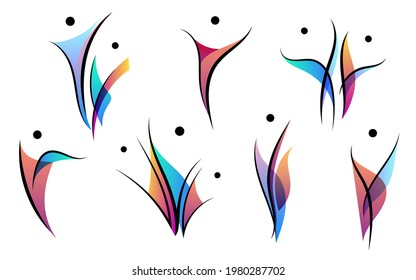Vector set human body logos, people shapes, linear colorful stylezid figures. Use for fitness, wellness, sport competitions, other activities identity. Healthy lifestyle, dancing icons	
