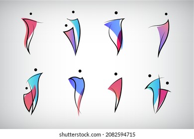 Vector set human body logos, people shapes, linear colorful stylized figures. Use for fitness, wellness, sport competitions, other activities identity. Healthy lifestyle, dancing icons, etc.