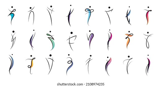 Vector set human body logos, people shapes, linear colorful stylezid figures. Use for fitness, wellness, sport competitions, other activities identity. Healthy lifestyle, dancing icons, etc.