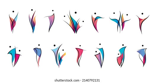 Vector set human body logos, people shapes, linear colorful stylized figures. Use for fitness, wellness, sport competitions, other activities identity. Family, community, together