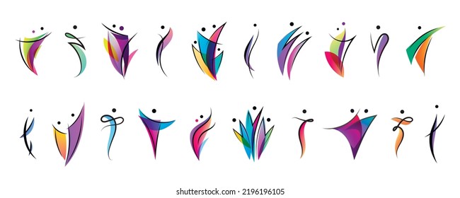 Vector Set Human Body Logos, People Shapes, Linear Colorful Stylized Figures. Use For Fitness, Wellness, Sport Competitions, Dancу Logo, Other Activities Identity. Family, Community, Together.