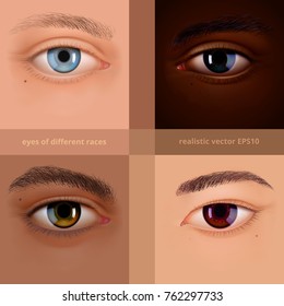 Vector set of human eyes. Facial collection about a view of the different races. European, African, Hispanic and Asian types of eye shape and color. White, black, tan and yellowish colors of a skin.