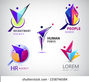Vector set of human, faceted people logo. Hr search, recruitment logos. Origami people, 3, 4,1 person inside the magnifier, job search, human sourses
