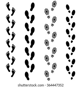 Vector set of human footprints icon. Collection of bare foots, boots, sneakers, shoes with heels. Design for frames, textile, fabric, invitation and greeting cards, booklets and brochures