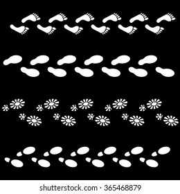 Vector set of human footprints icon. Collection of bare foots, boots, sneakers, shoes with heels. Design for frames, textile, fabric, invitation and greeting cards, booklets and brochures