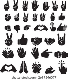 Vector set of human hand gestures icons including pointing, ok, fist, and palm silhouettes